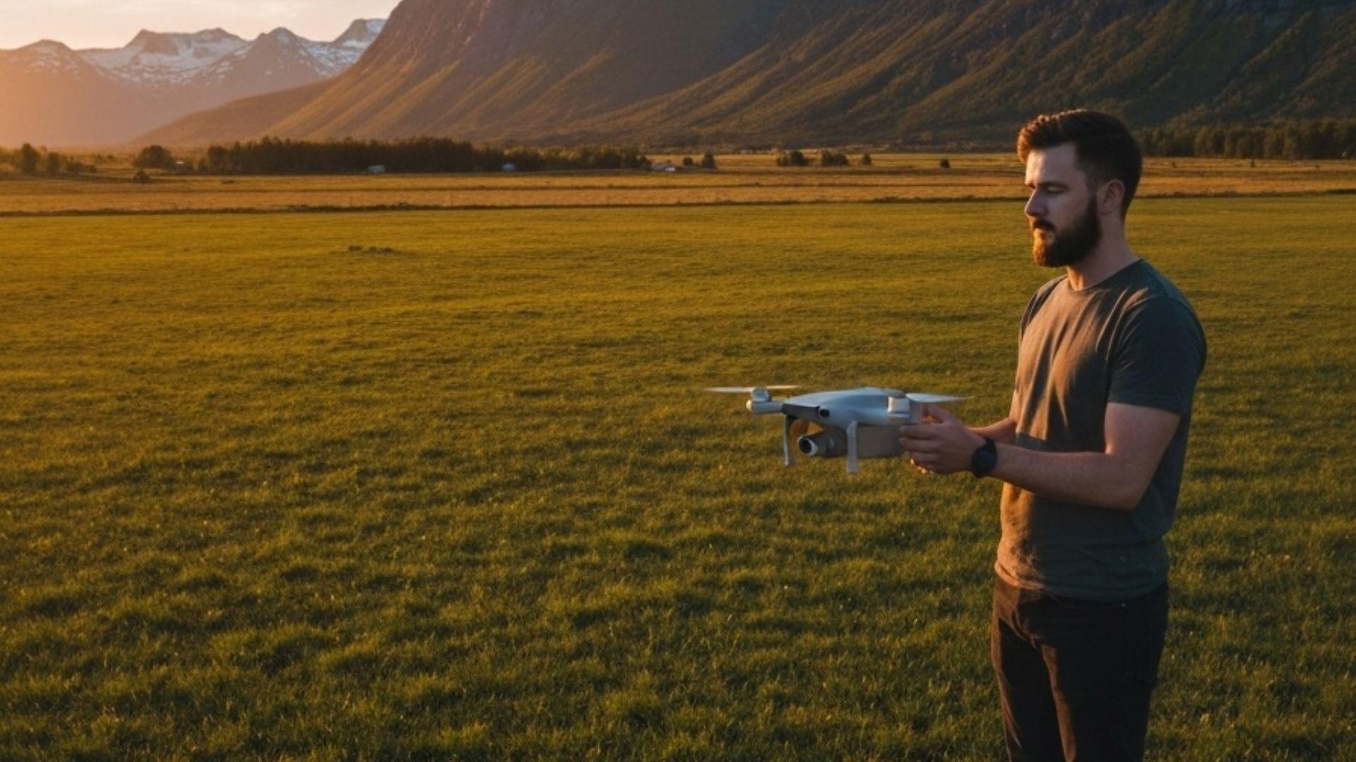 Nybegynner flyr drone i åpent norsk landskap i gylden time
