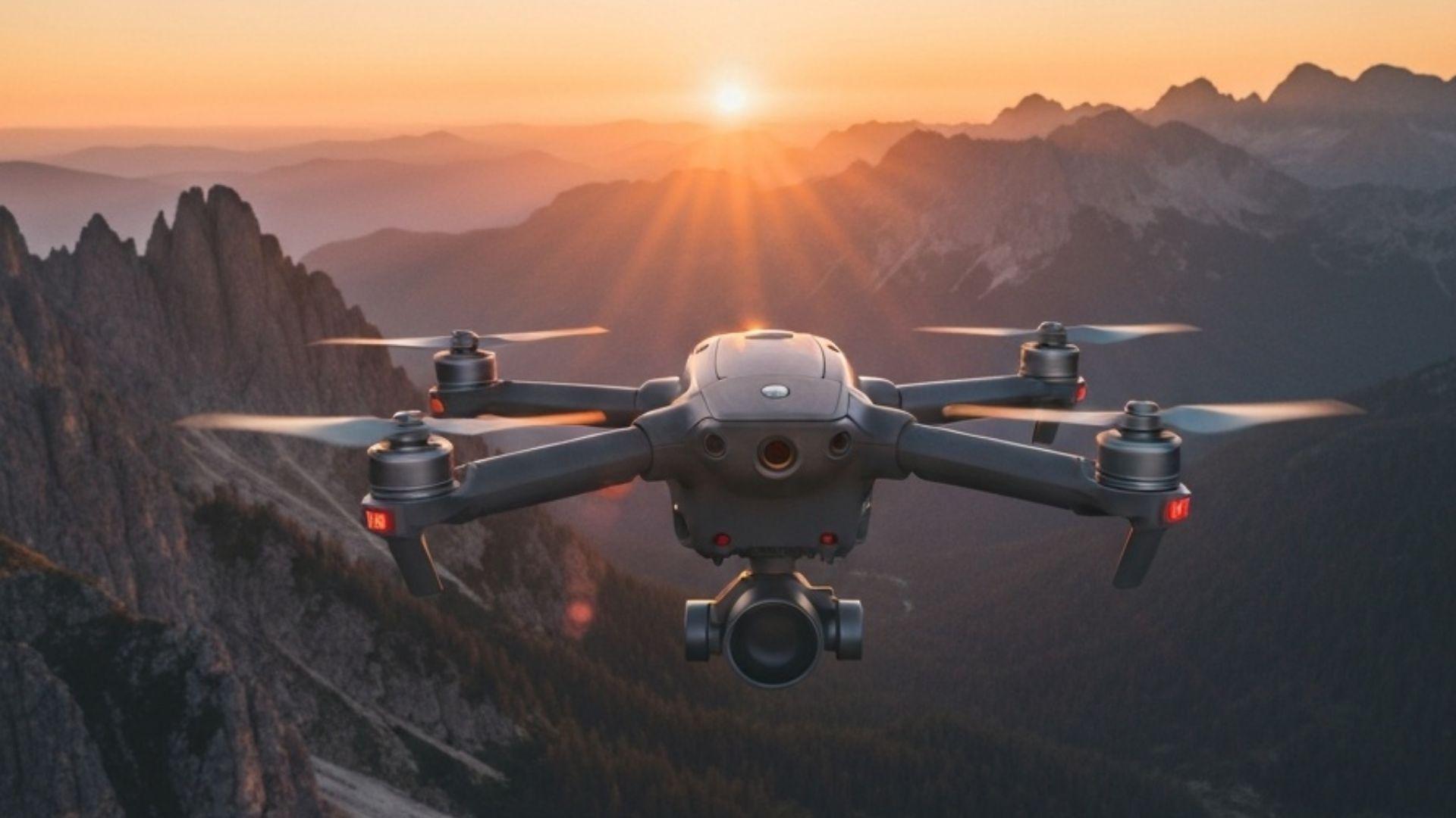 Profesjonell DJI Mavic cinema-drone over norsk fjord ved solnedgang