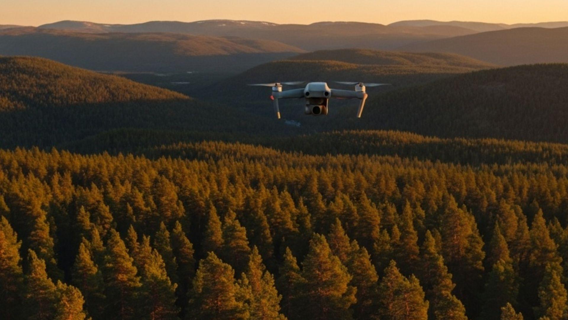 Rimelig drone i flukt over norsk skoglandskap i gylden time